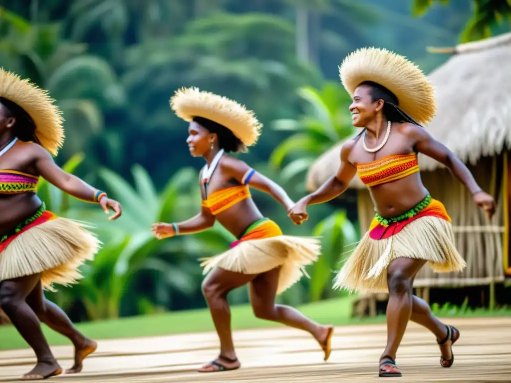 Vestuario de danza tradicional en Vanuatu: Bailarines con trajes de hojas y fibras naturales en una vibrante actuación en un pueblo tradicional