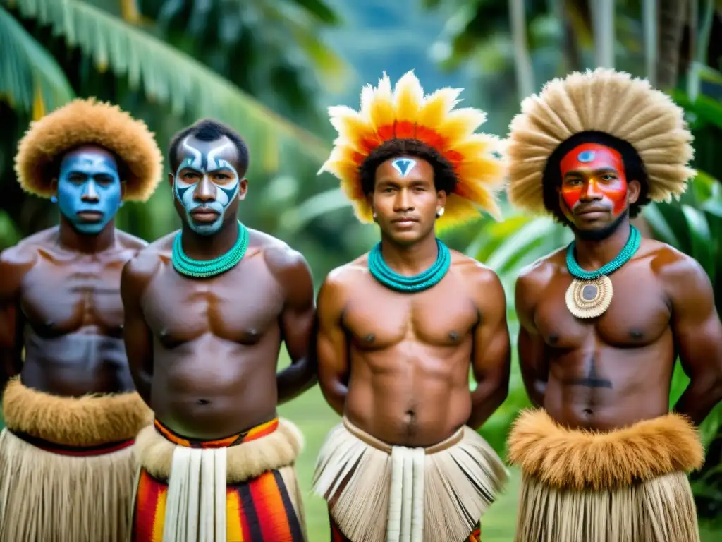 Vestuario de danza tradicional en Vanuatu: Bailarines adornados con trajes vibrantes y expresiones de orgullo en un exuberante paisaje tropical