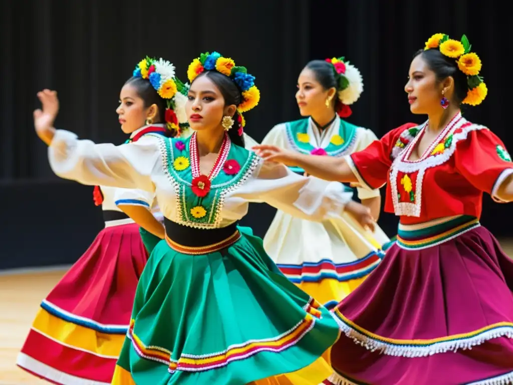 Evolución del vestuario en danzas típicas: Bailarines mexicanos con trajes tradicionales coloridos en pleno baile