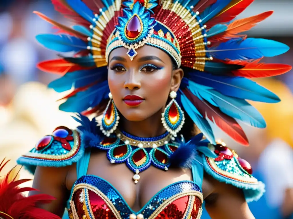 Vestuario de samba con detalles coloridos y plumas, significado cultural del vestuario de samba