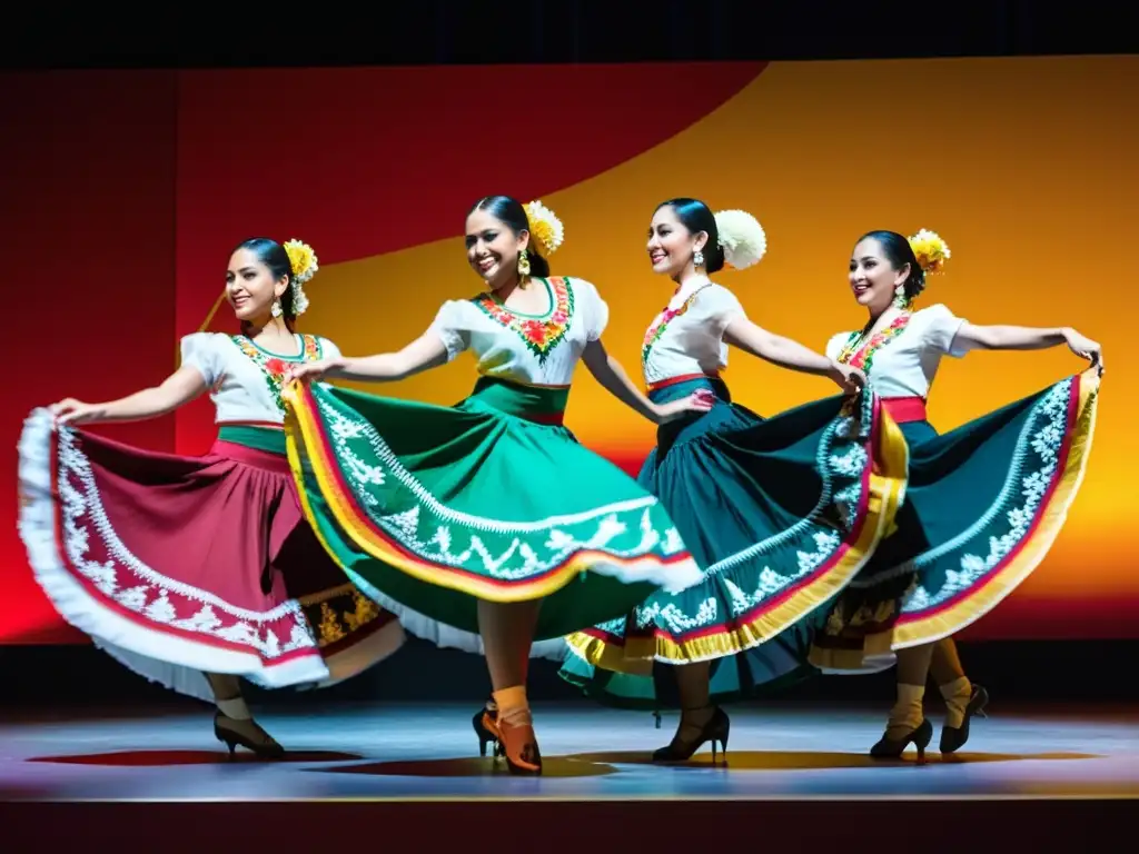 Vestuarios de danza tradicional significado: Grupo de bailarines mexicanos en trajes vibrantes, actuando con gracia y orgullo en un escenario moderno