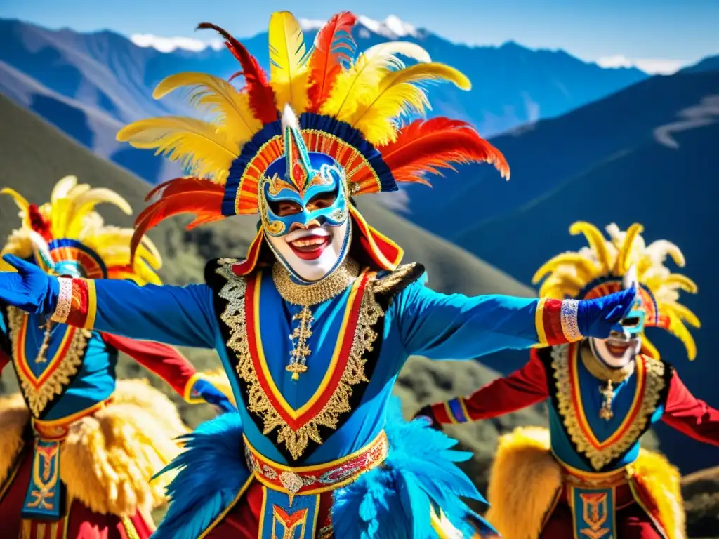 Vestuarios de diablada en Bolivia: Coloridos trajes y máscaras de La Diablada en medio de una vibrante danza en los Andes bolivianos