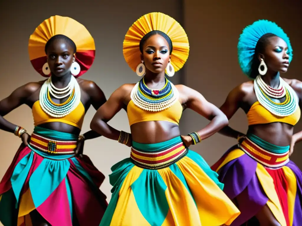 Vestuarios tradicionales para danzas africanas: Grupo de bailarines en trajes vibrantes y coloridos, con expresiones de alegría y orgullo