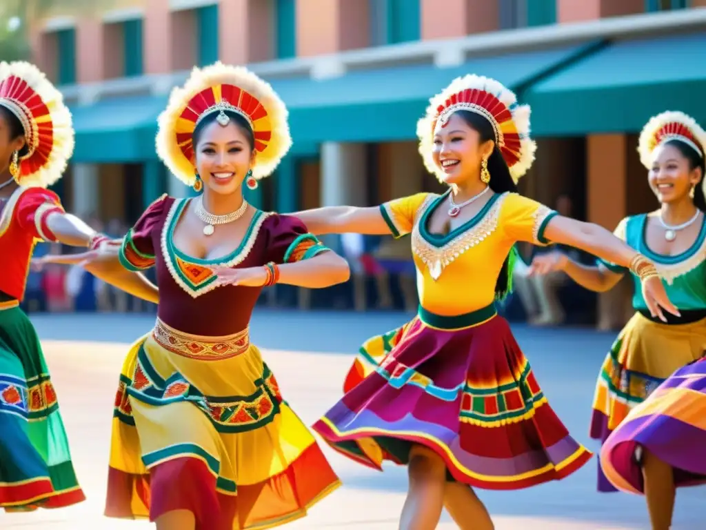 Vibrante actuación al aire libre de la Compañía de danza tradicional emprendedores, con trajes coloridos y expresiones de alegría