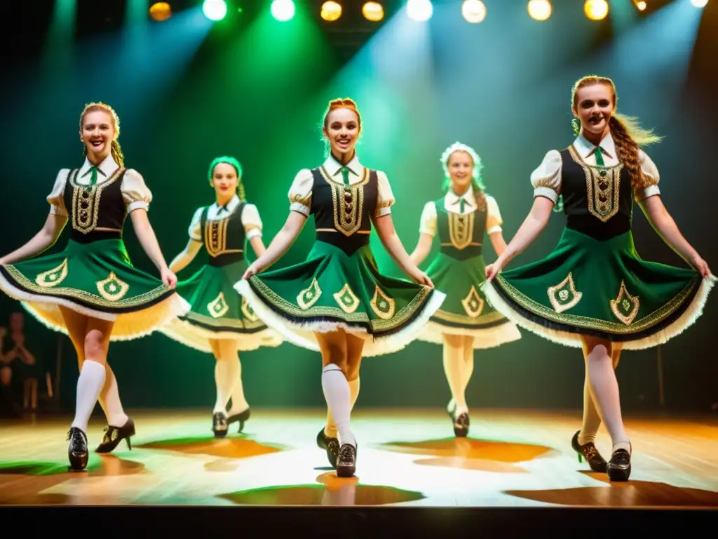 Vibrante actuación de bailarines de step dance irlandés con trajes tradicionales, expresando pasión y precisión en sus movimientos