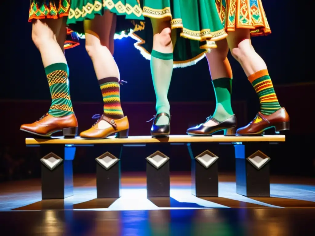 Vibrante actuación de bailarines de step dance irlandés en un escenario iluminado, mostrando elegancia y energía en sus movimientos