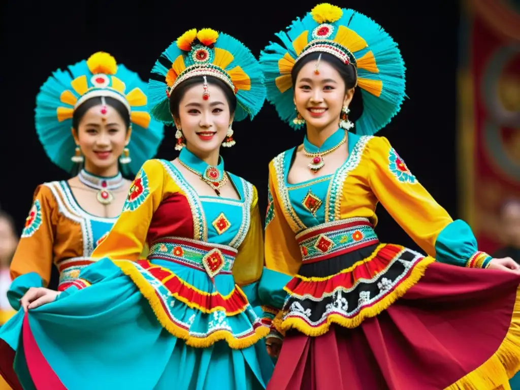 Vibrante actuación de bailarines tradicionales con trajes exquisitos y movimientos dinámicos