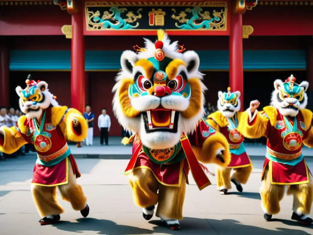 Vibrante actuación de danza del león chino en detallada imagen 8k, capturando colores, movimientos y atmósfera del evento