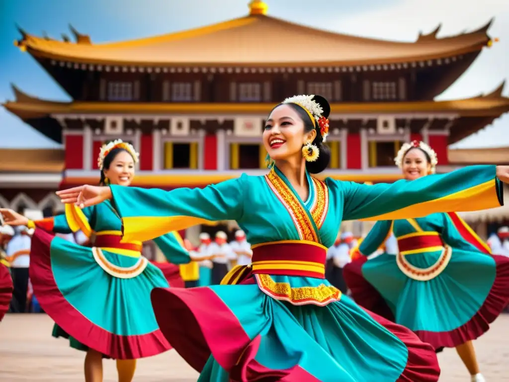 Una vibrante actuación de danza cultural en una plaza llena de color, energía y tradición