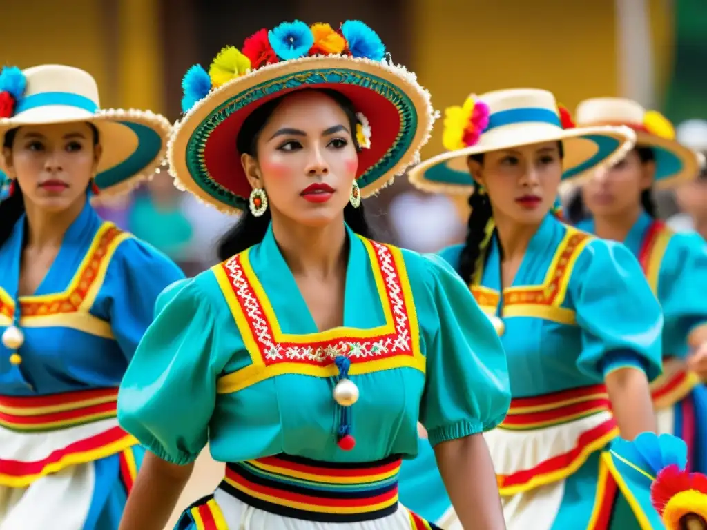 Vibrante actuación de danza folclórica colombiana Bambuco, con trajes coloridos y patrones tradicionales durante el Festival de San Pedro