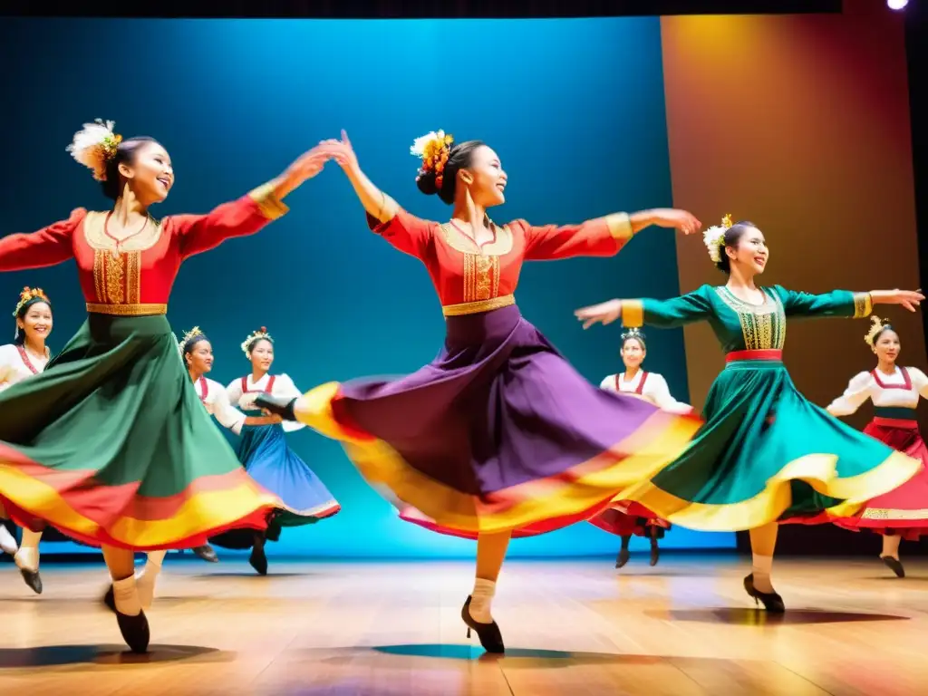 Vibrante actuación de danza folclórica, con trajes coloridos y movimiento elegante