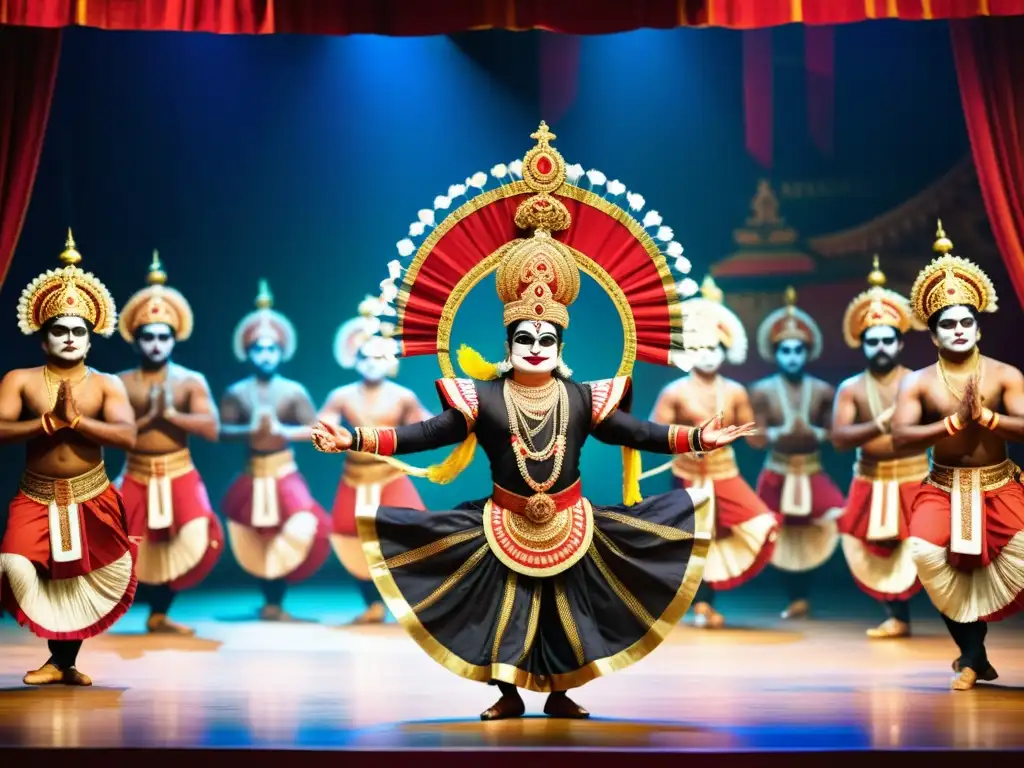 Vibrante actuación de Yakshagana: teatro danza india con trajes coloridos, maquillaje detallado y movimientos expresivos