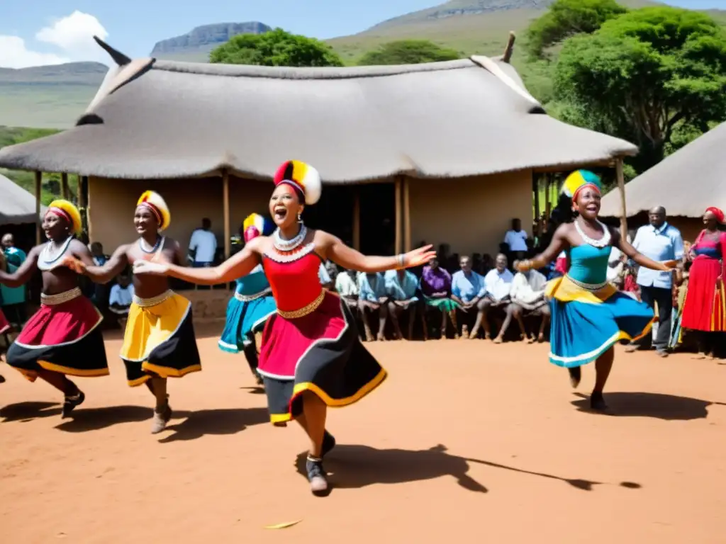 Vibrante actuación de danza Maskandi en un pueblo sudafricano, con atuendos tradicionales y una atmósfera cultural rica