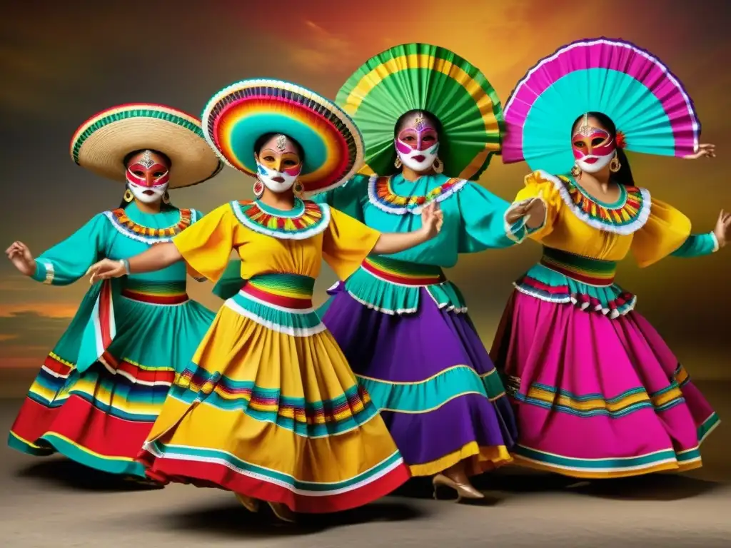 Vibrante actuación de danza mexicana con trajes coloridos y accesorios, destacando el significado cultural de accesorios en danza