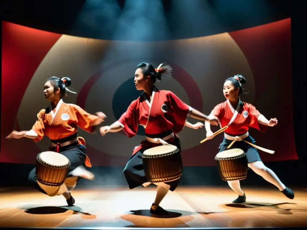 Vibrante actuación de danza con movimientos japoneses y percusión, expresiones intensas y atuendos tradicionales