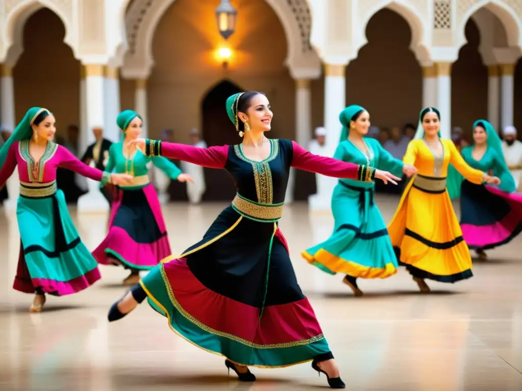 Vibrante actuación de danza del Medio Oriente con movimientos dinámicos, coloridos trajes y una multitud animada