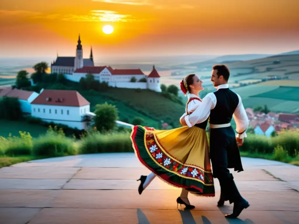 Vibrante actuación de Czardas danza tradicional húngara en un pintoresco pueblo, con atuendos coloridos y expresiones llenas de pasión