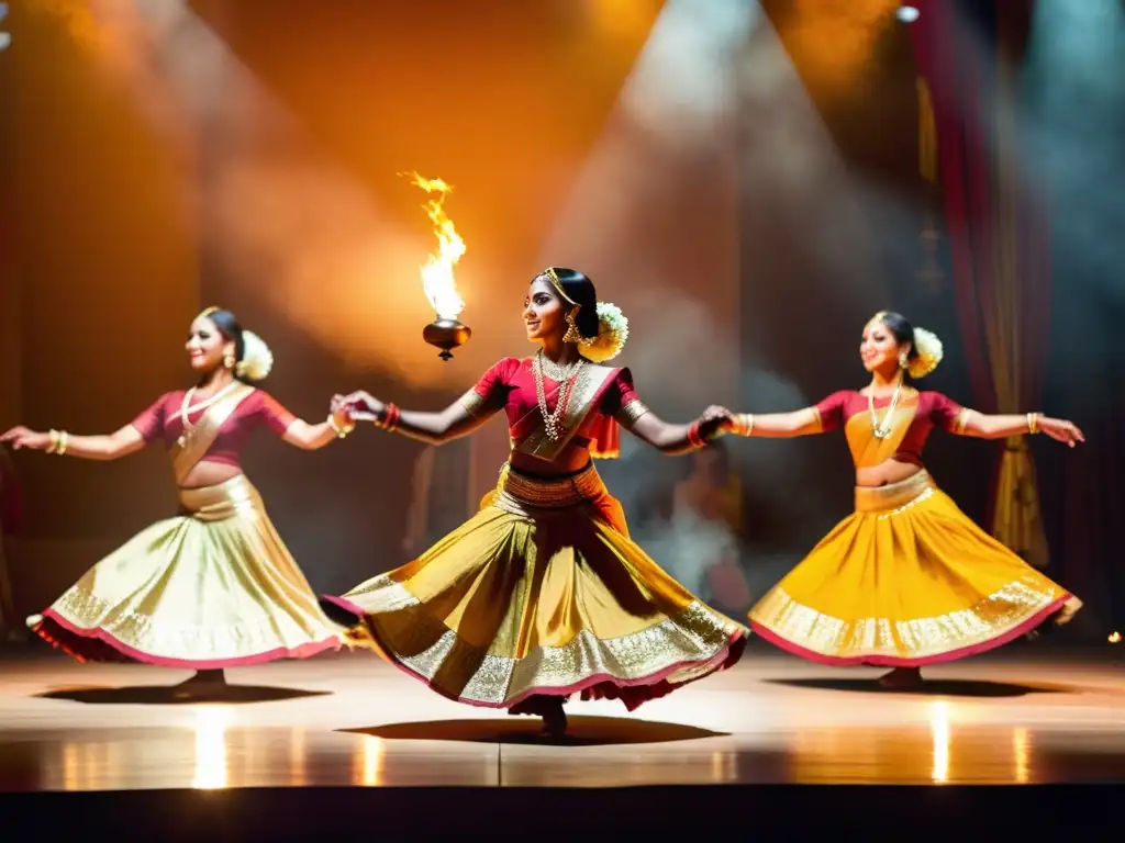 Vibrante actuación de danza tradicional india, con coloridos trajes y movimientos dinámicos, iluminada por lámparas de aceite y velas