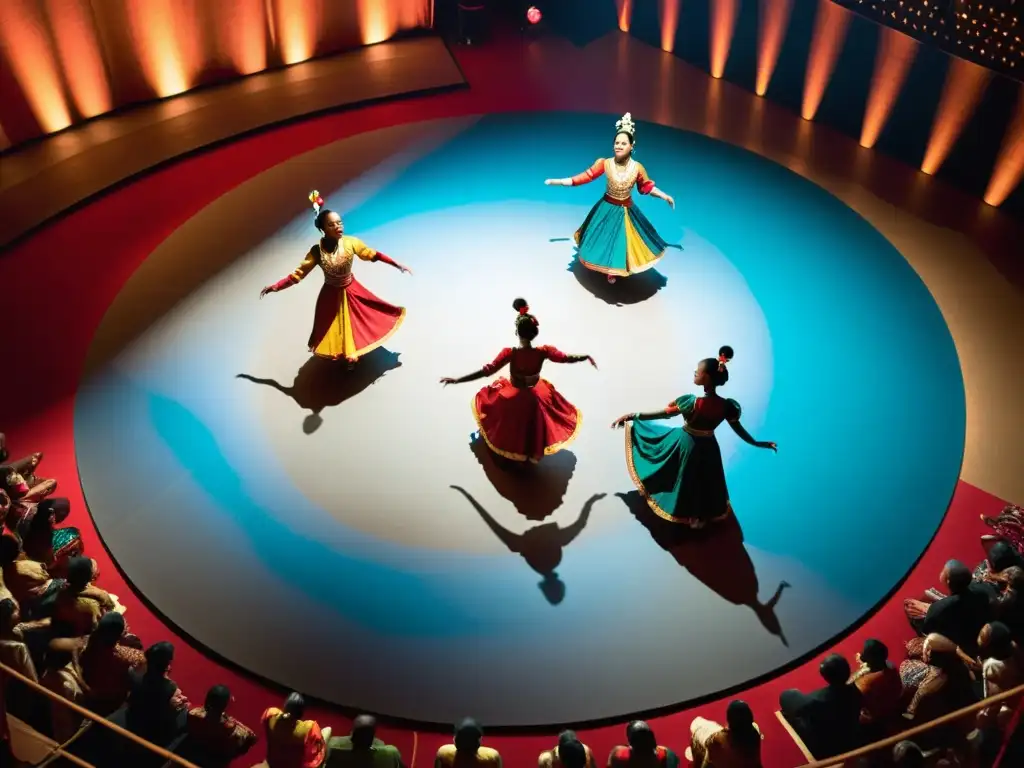 Vibrante actuación de danza tradicional capturada desde arriba, con calidad de transmisión para danzas tradicionales