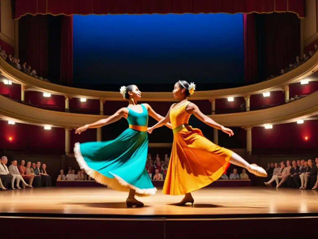 Vibrante actuación de danza tradicional en teatro histórico: trajes coloridos, coreografía detallada y expresiones apasionadas