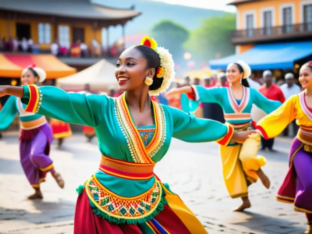 Vibrante actuación de danza tradicional en un bullicioso mercado, con trajes coloridos y detallados