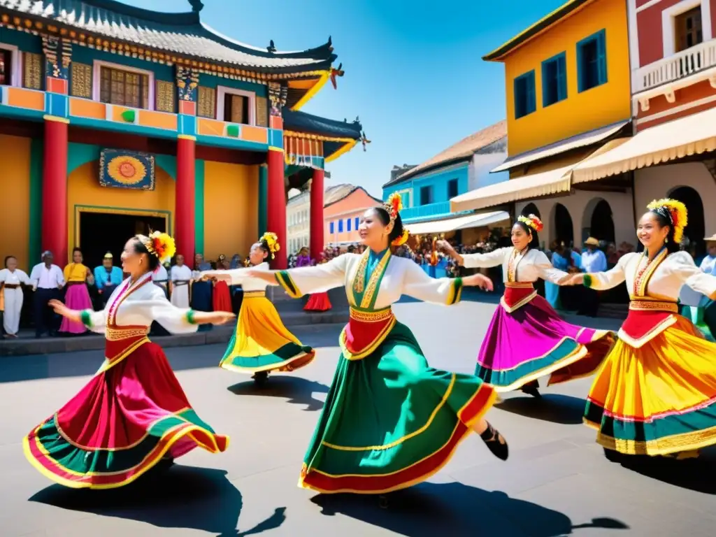 Vibrante actuación de danza tradicional en la plaza de la ciudad, con espectadores asombrados