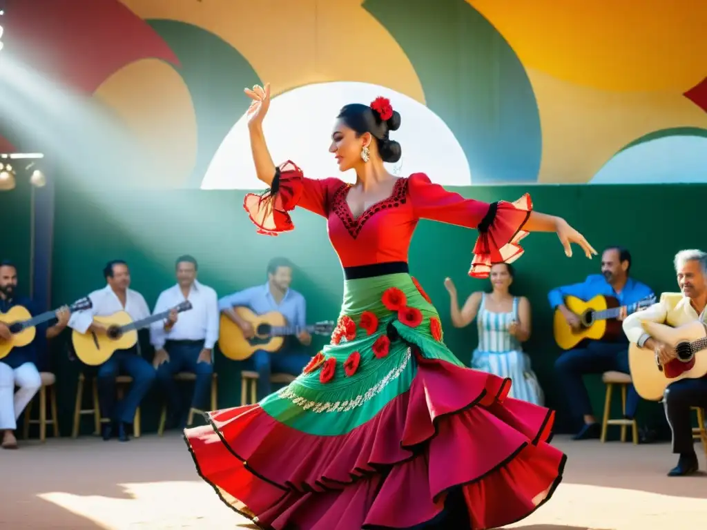 Vibrante actuación de Flamenco en la Feria de Abril, transmitiendo el significado cultural del baile y la música