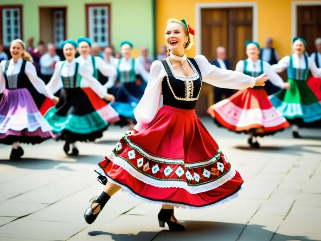 Vibrante actuación de la influencia cultural de la Polka Polaca, con danzas tradicionales y coloridos trajes en una celebración festiva