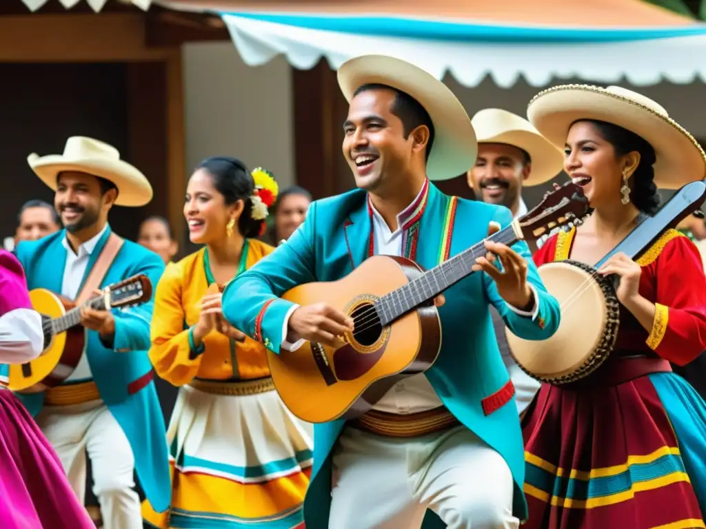 Vibrante actuación de Son Jarocho, muestra la técnica de baile son jarocho en trajes coloridos y músicos tocando jarana, requinto y arpa