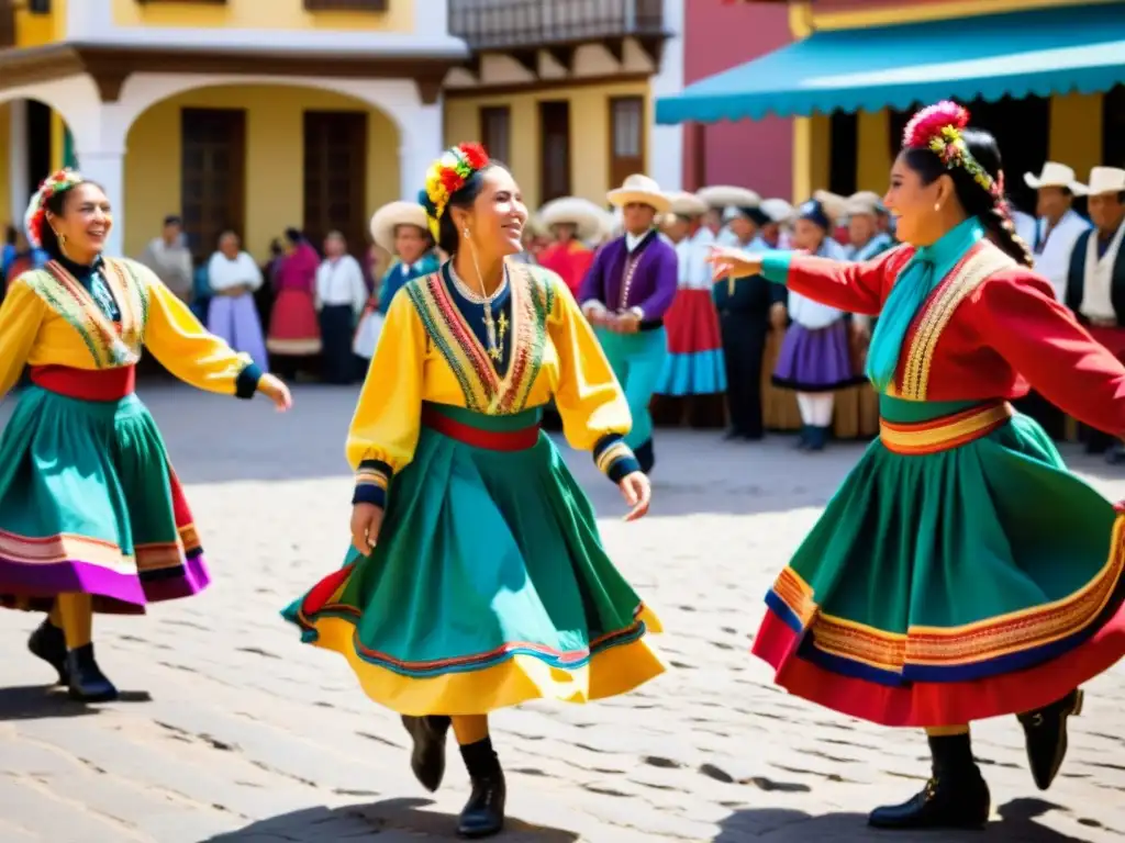 Una vibrante actuación de la tradicional danza chilena cueca en la plaza de una bulliciosa ciudad