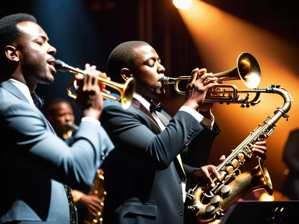 Vibrante actuación en vivo de una banda de jazz, iluminada por cálidas luces de escenario