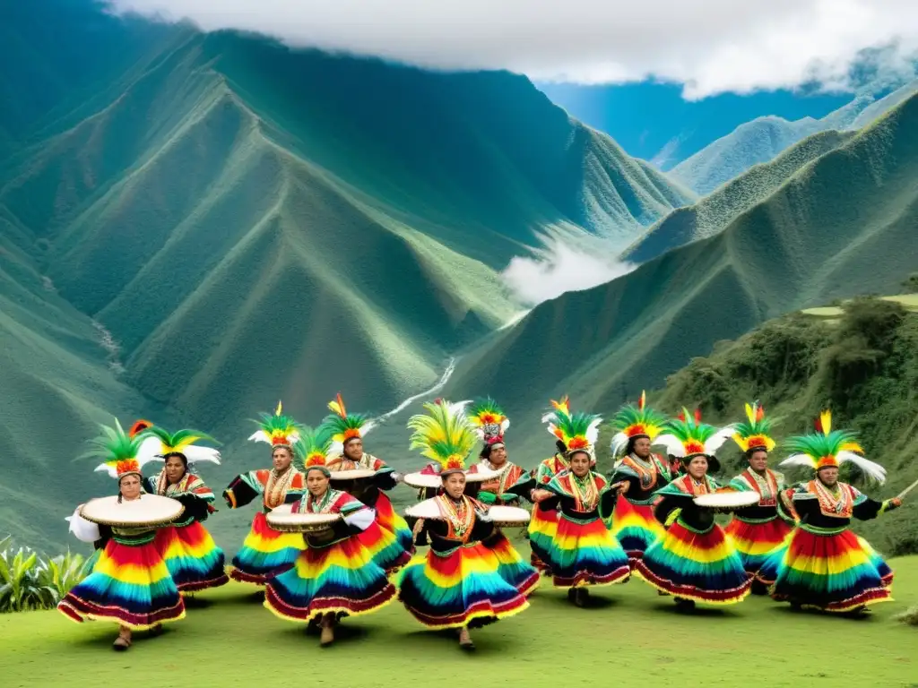 Vibrante celebración de Saya afroboliviana en los Yungas de Bolivia, con danzas y coloridos trajes tradicionales, rodeados de montañas verdes y nubes