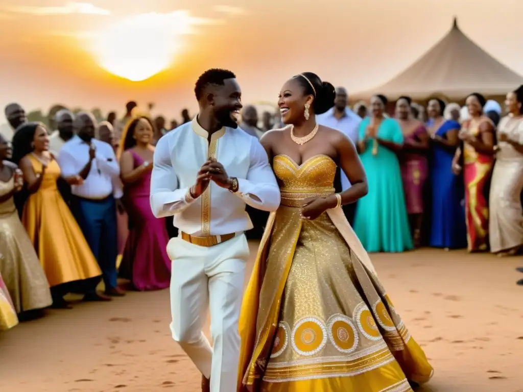 Una vibrante y alegre ceremonia de bodas africanas tradicionales con la importancia del baile en el centro de la celebración al atardecer