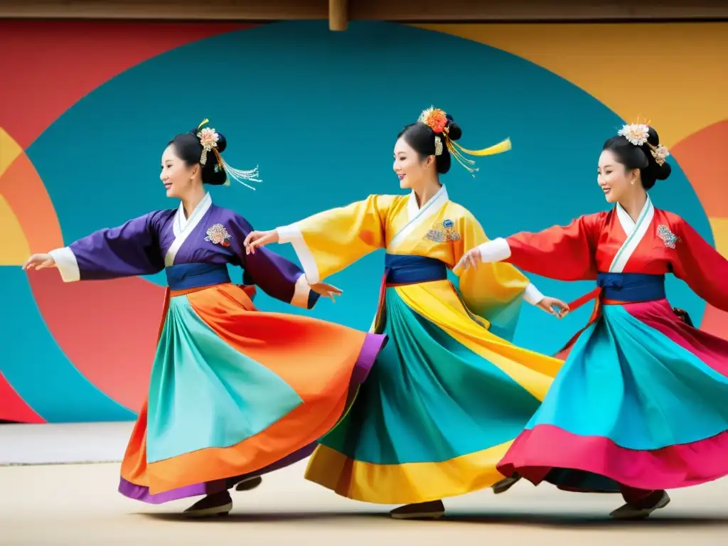 Vibrante coreografía ancestral festival Gangneung Danoje con danza tradicional y coloridos hanboks en el animado escenario festivo