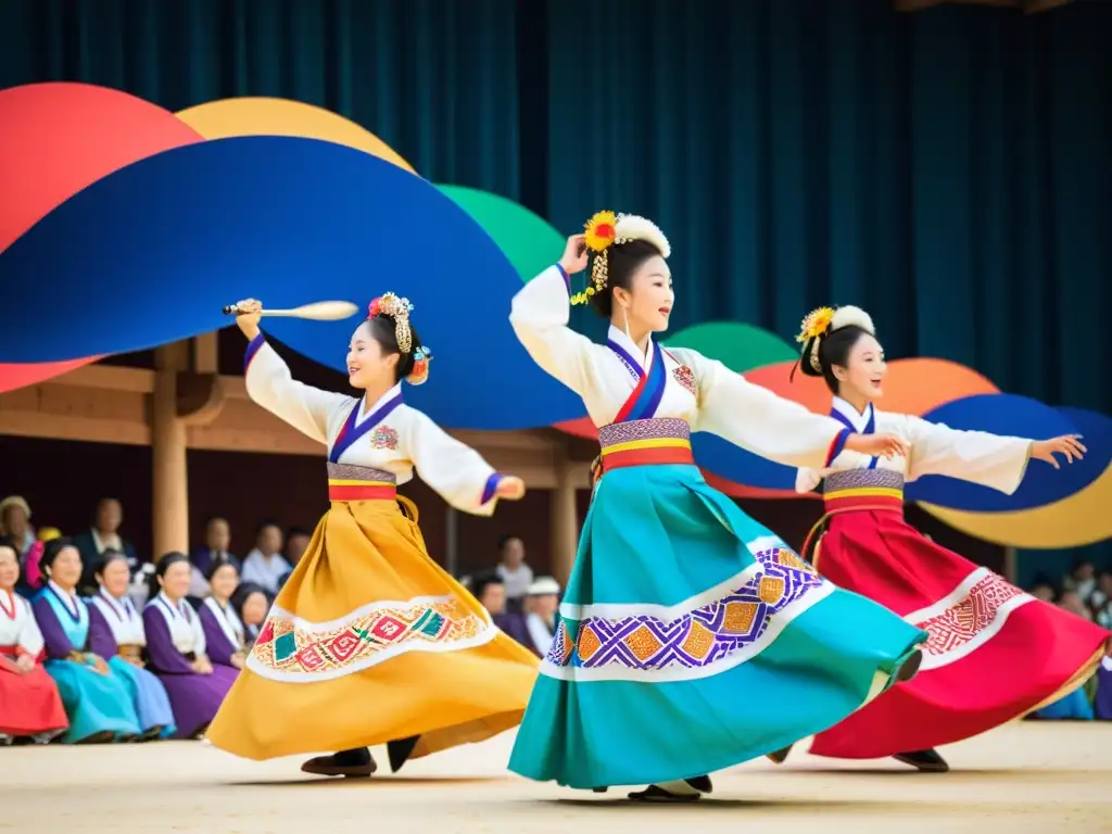 Vibrante coreografía ancestral festival Gangneung Danoje: danzas tradicionales coreanas con hanboks coloridos y expresiones exuberantes