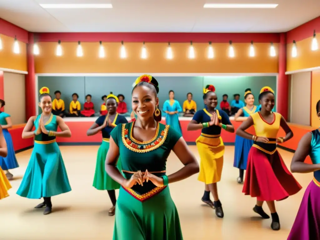 Clase de baile tradicional: energía y colorido Vibrante aula de danza tradicional con estudiantes y profesor, capturando la energía y riqueza cultural de la enseñanza de danzas tradicionales