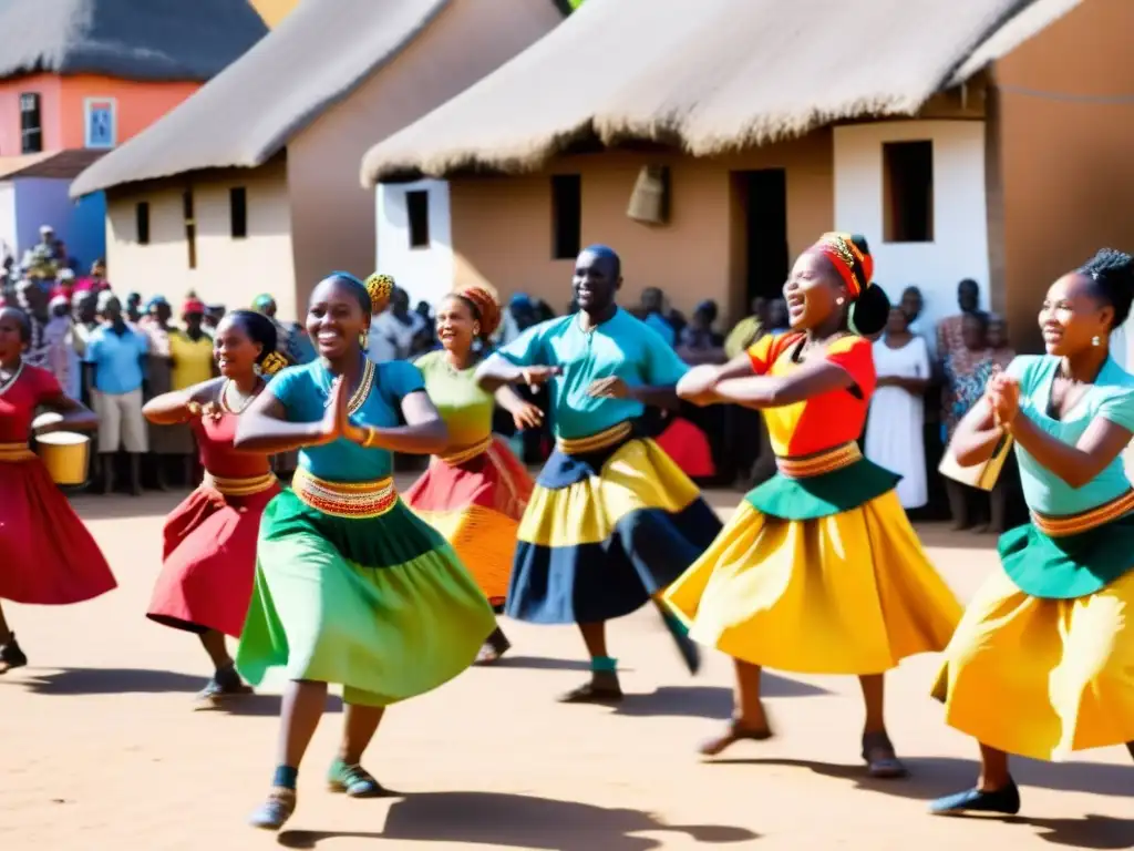 Un vibrante baile africano en una plaza soleada, con danzantes y espectadores celebrando la Importancia música danzas africanas