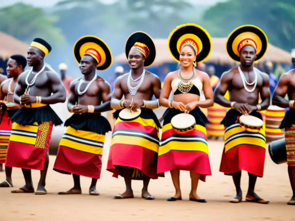 Un vibrante baile Ashanti en Ghana, con trajes tradicionales coloridos, movimientos gráciles y expresiones llenas de poder y orgullo