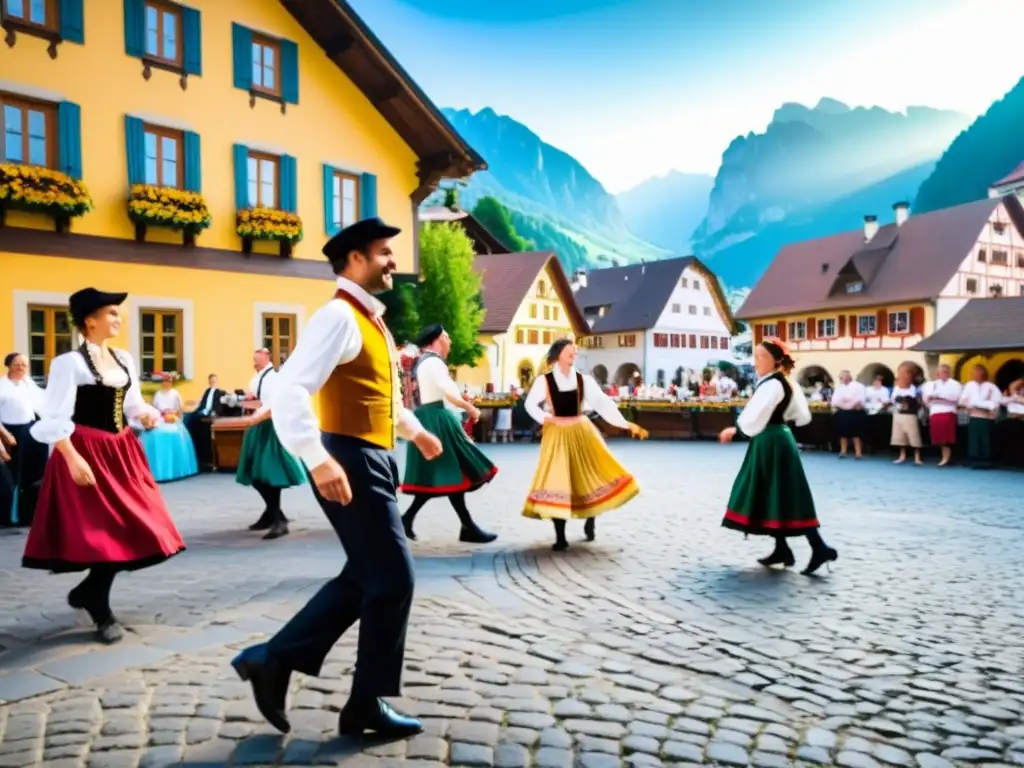 Vibrante baile ländler austríaco en pueblo alpino, músicos, trajes tradicionales y montañas