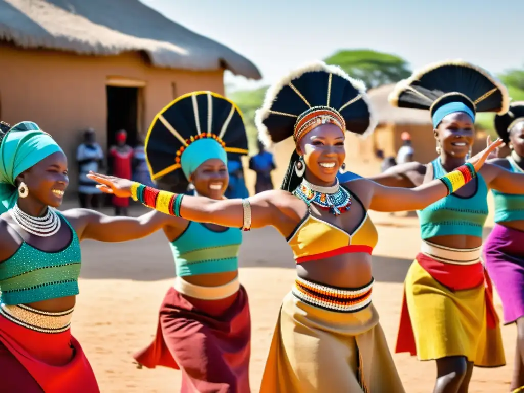 Un vibrante baile Bantu en la plaza de un pueblo, con atuendos tradicionales y movimientos llenos de energía y orgullo cultural