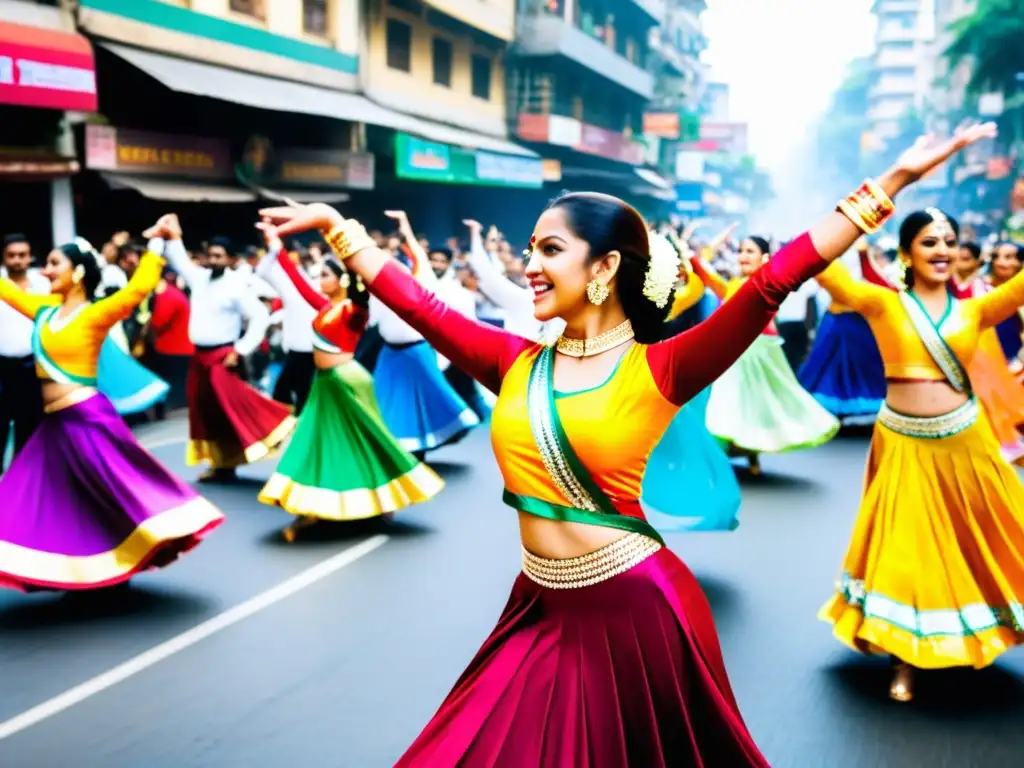 Baile Bollywood en las calles de Mumbai: Colorido y pasión Un vibrante baile de Bollywood en una bulliciosa calle de Mumbai, India