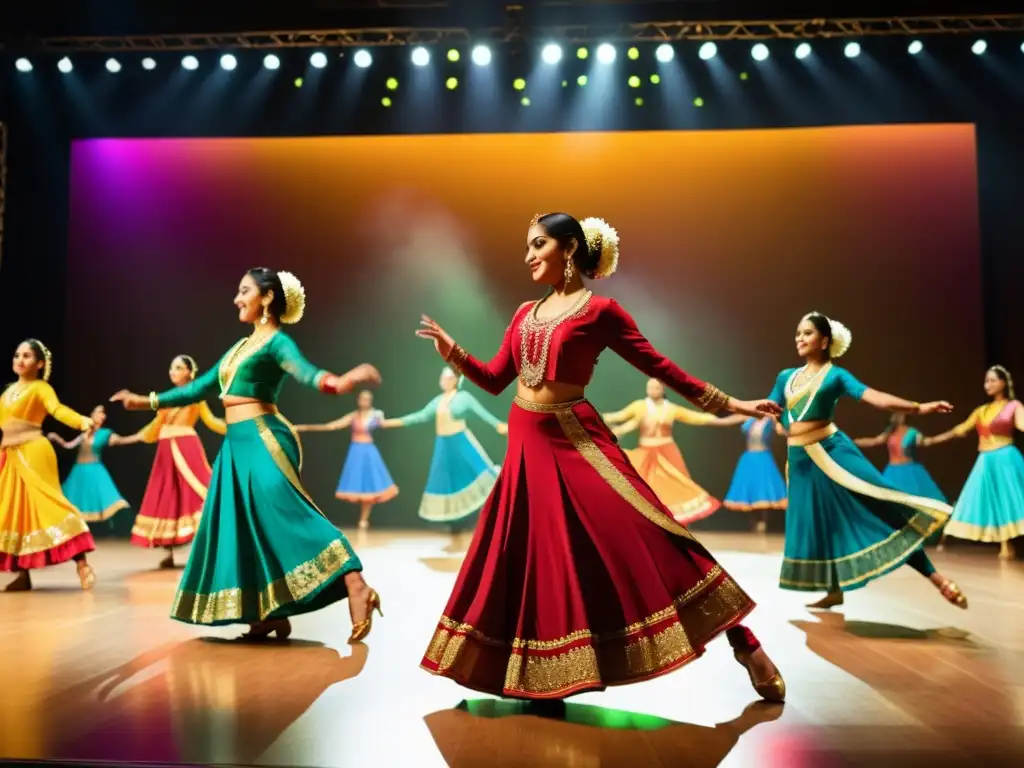 Vibrante baile de Bollywood en el Simposio de Danza, con colores, energía y expresiones que capturan el cine danzado en el Simposio