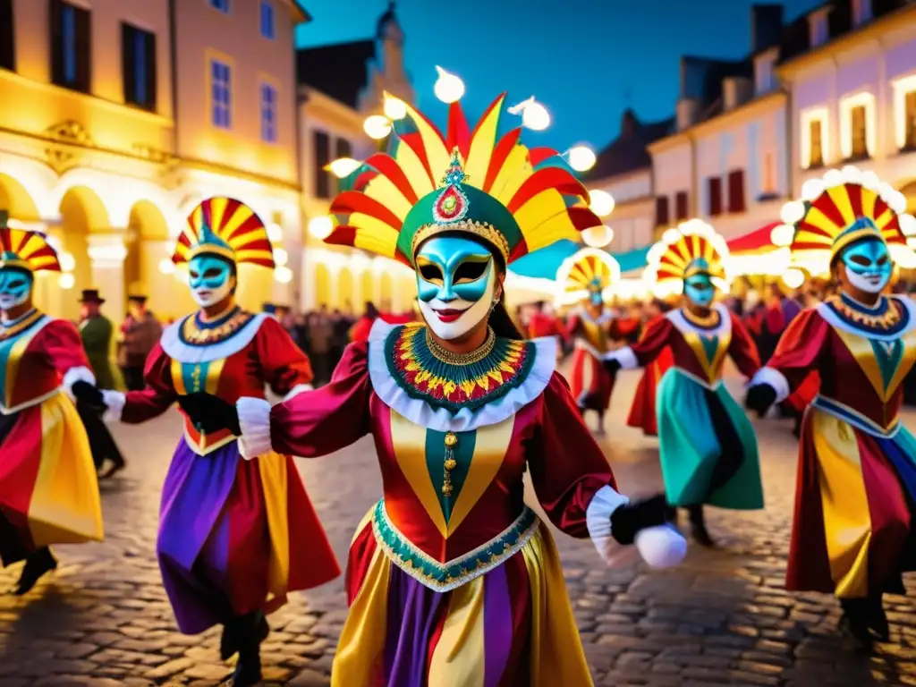 Vibrante baile de Carnaval en plaza histórica: danzas, coloridos atuendos y espectadores capturan la transformación del baile de Carnaval