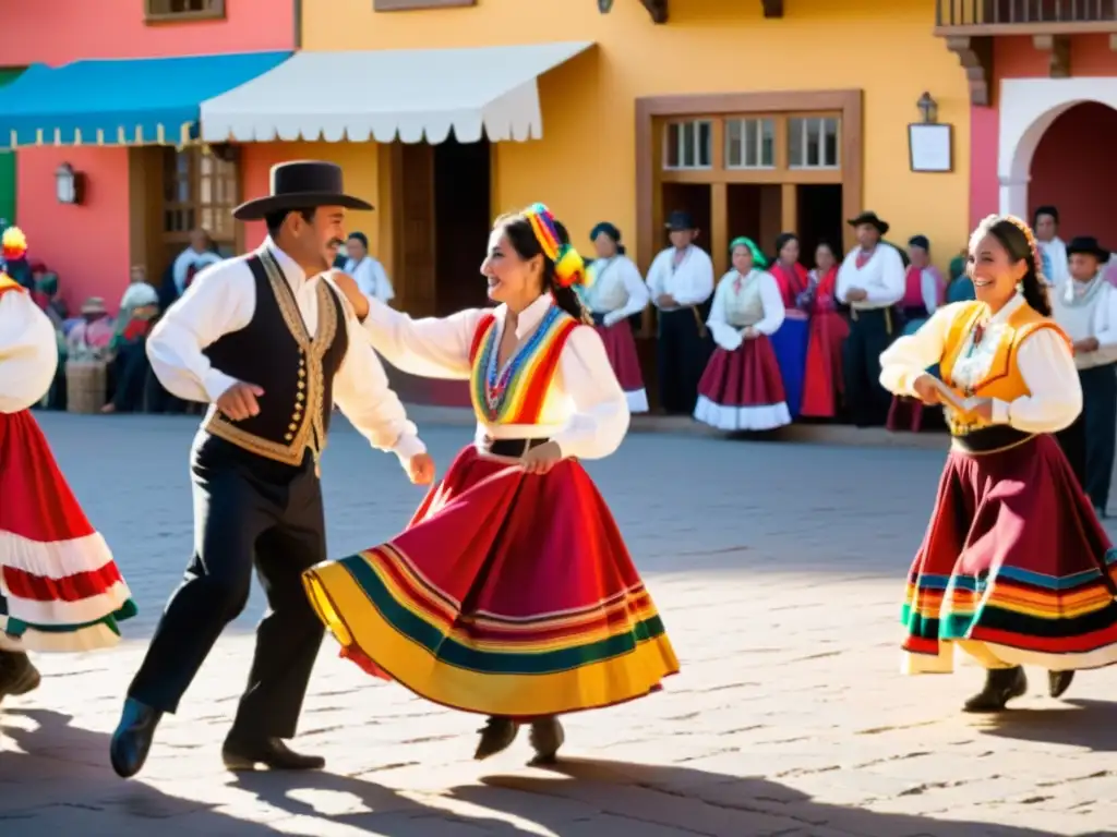 Un vibrante baile de la Cueca Chilena en una plaza, con trajes coloridos y música tradicional