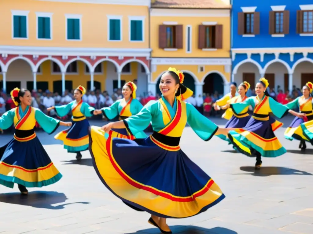 Vibrante baile cultural en la plaza: trajes coloridos, movimientos rítmicos y audiencia diversa