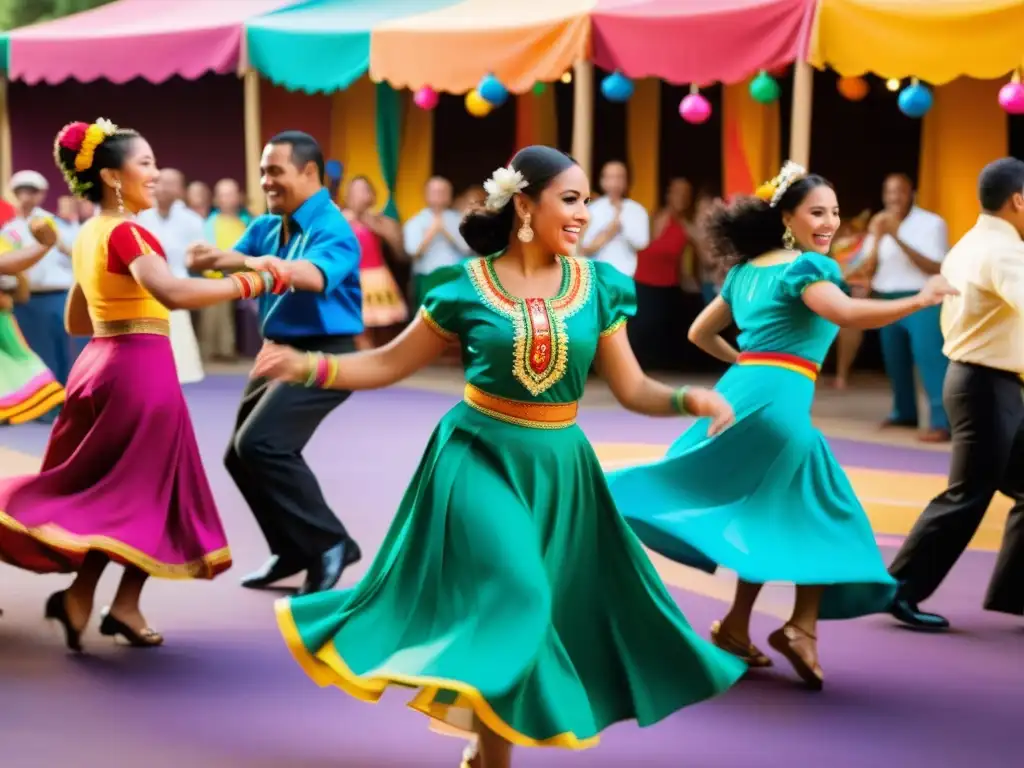 Un vibrante baile de cumbia al aire libre con danzantes en trajes tradicionales, movimientos intrincados y expresiones alegres