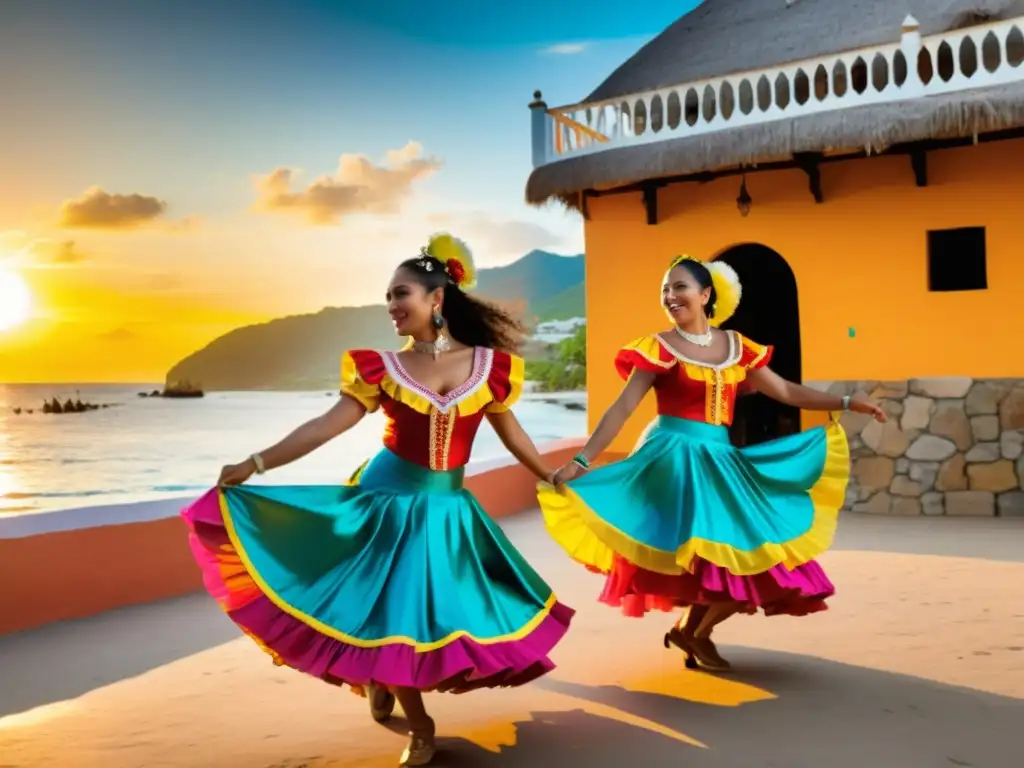 Un vibrante baile de cumbia colombiana en una colorida ciudad costera del Caribe