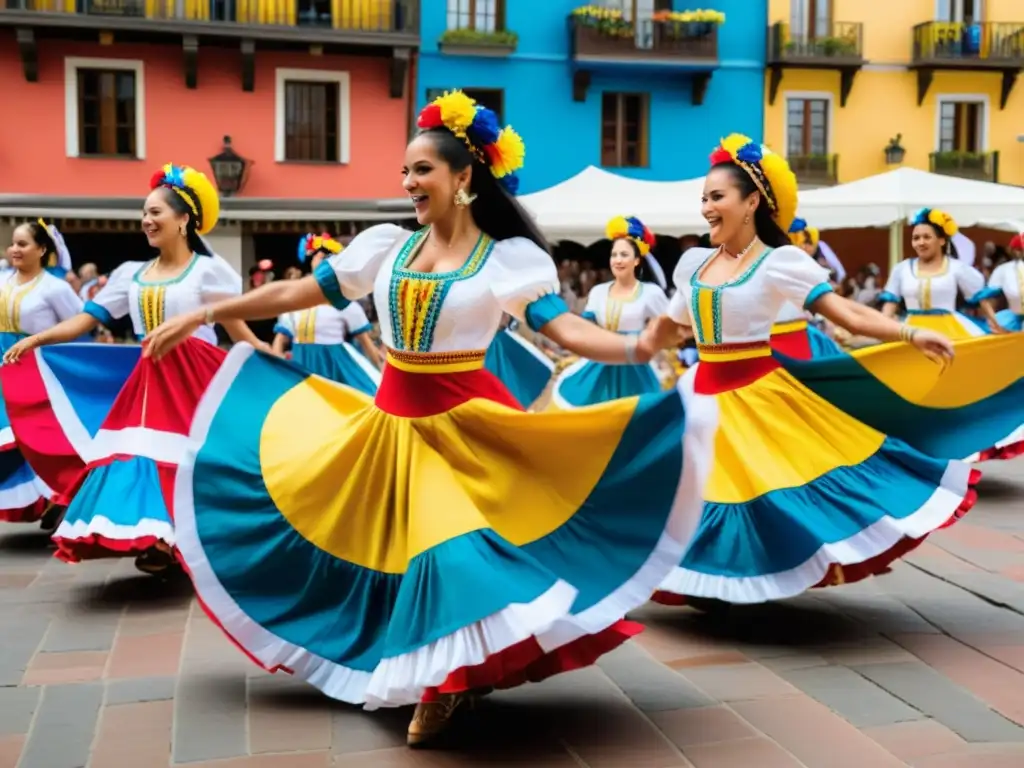 Vibrante baile de cumbia en plaza europea, historia y significado de la cumbia en Europa se fusionan con la danza alegre y colorida