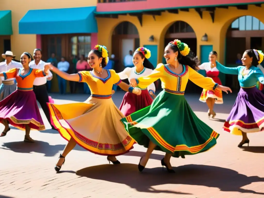 Vibrante baile de cumbia en plaza al aire libre, con coloridos trajes y energía festiva