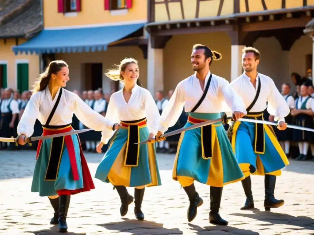 Un vibrante baile de espadas europeo en una plaza soleada, con danzantes sincronizados y trajes coloridos